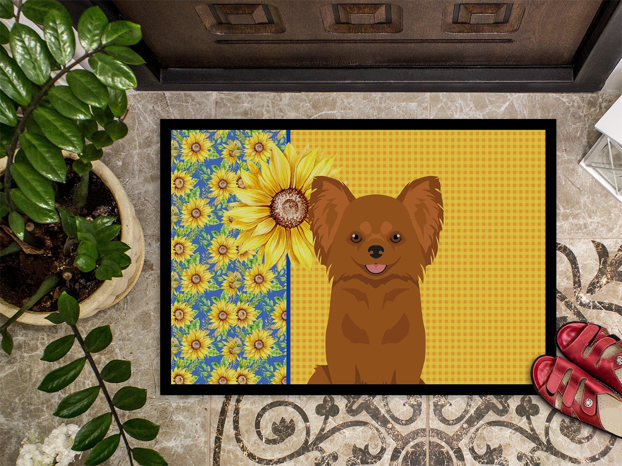 Summer Sunflowers Longhaired Red Chihuahua Indoor or Outdoor Mat 18x27 - the-store.com