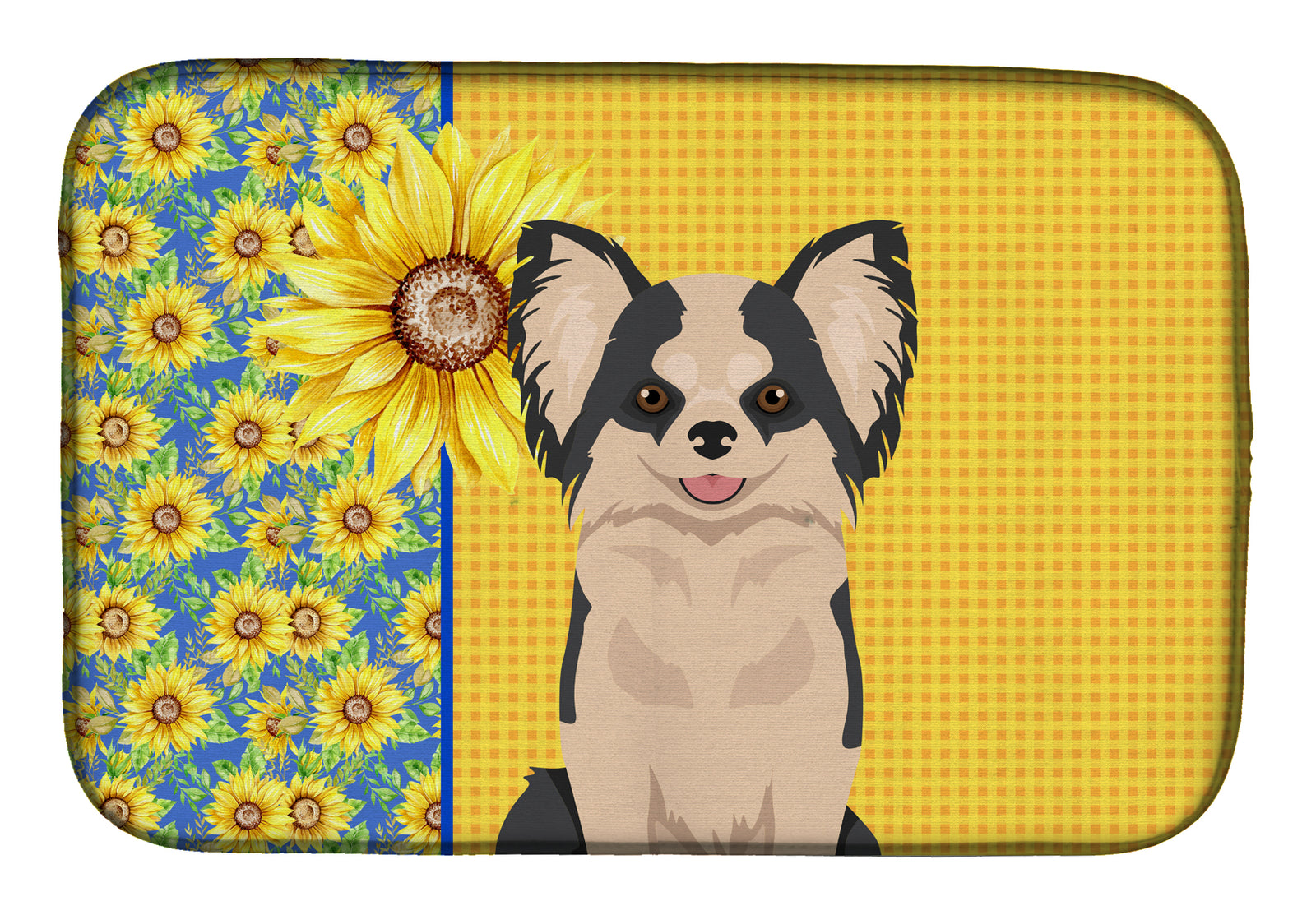Summer Sunflowers Longhaired Black and White #2 Chihuahua Dish Drying Mat