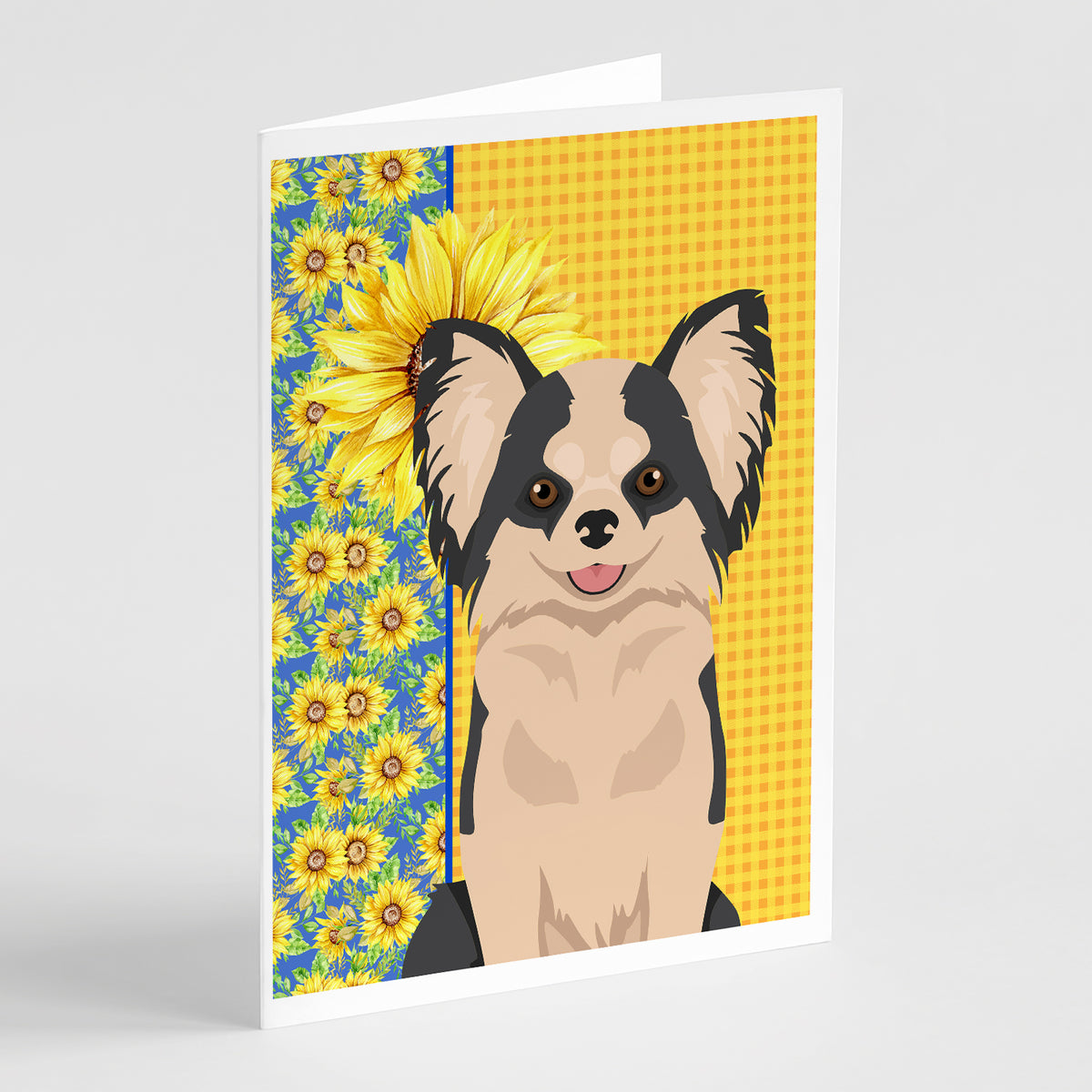 Buy this Summer Sunflowers Longhaired Black and White #2 Chihuahua Greeting Cards and Envelopes Pack of 8