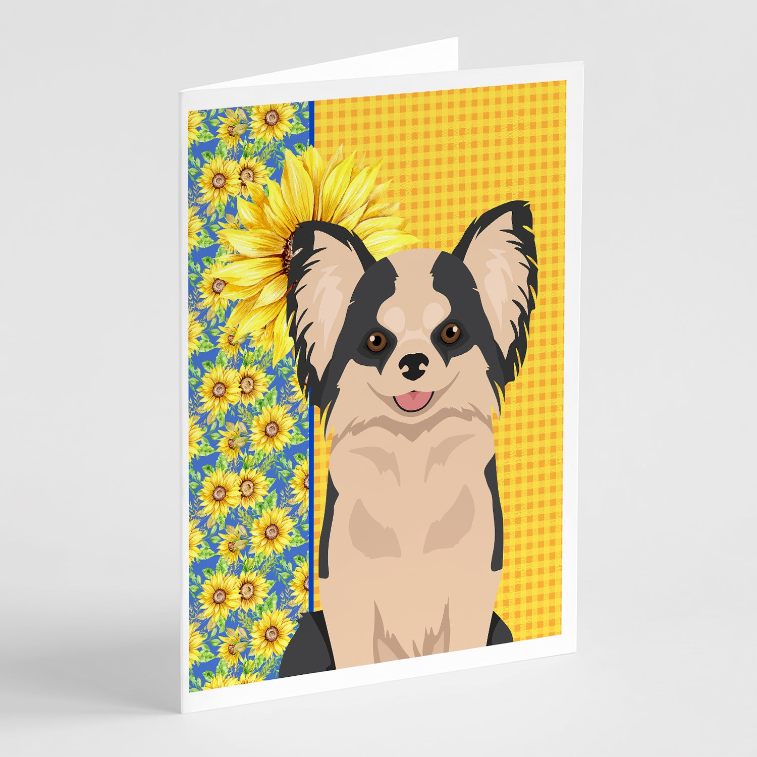 Buy this Summer Sunflowers Longhaired Black and White #2 Chihuahua Greeting Cards and Envelopes Pack of 8