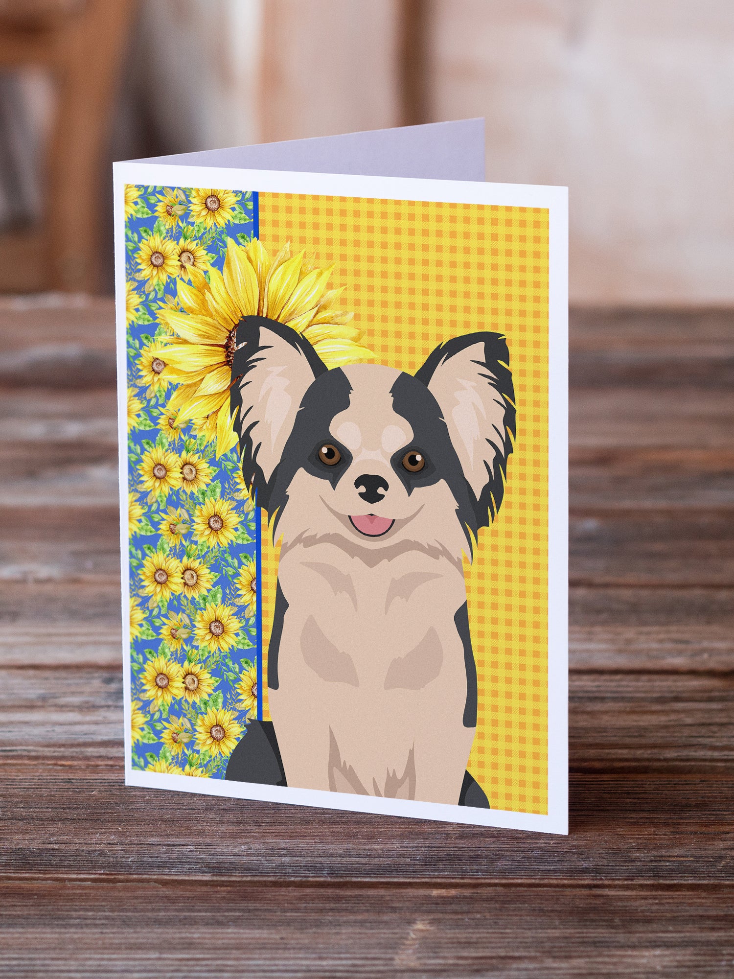 Summer Sunflowers Longhaired Black and White #2 Chihuahua Greeting Cards and Envelopes Pack of 8 - the-store.com