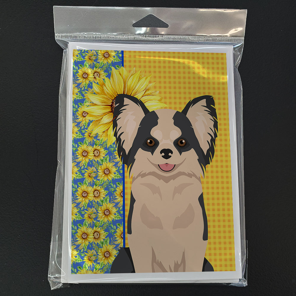 Summer Sunflowers Longhaired Black and White #2 Chihuahua Greeting Cards and Envelopes Pack of 8 - the-store.com