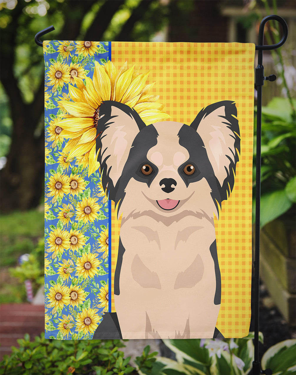 Summer Sunflowers Longhaired Black and White #2 Chihuahua Flag Garden Size  the-store.com.