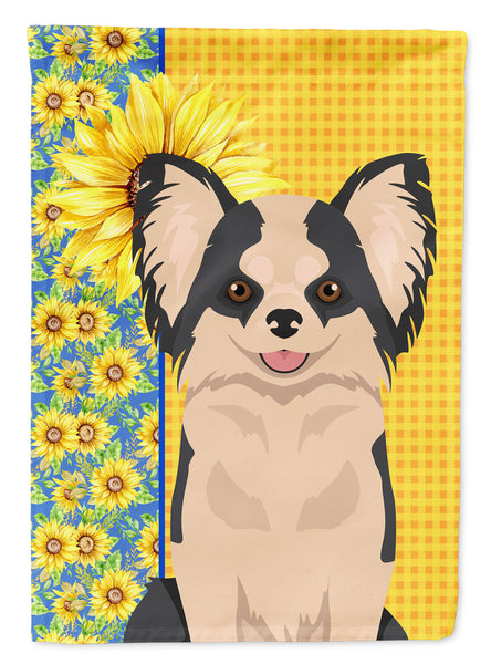 Summer Sunflowers Longhaired Black and White #2 Chihuahua Flag Garden Size
