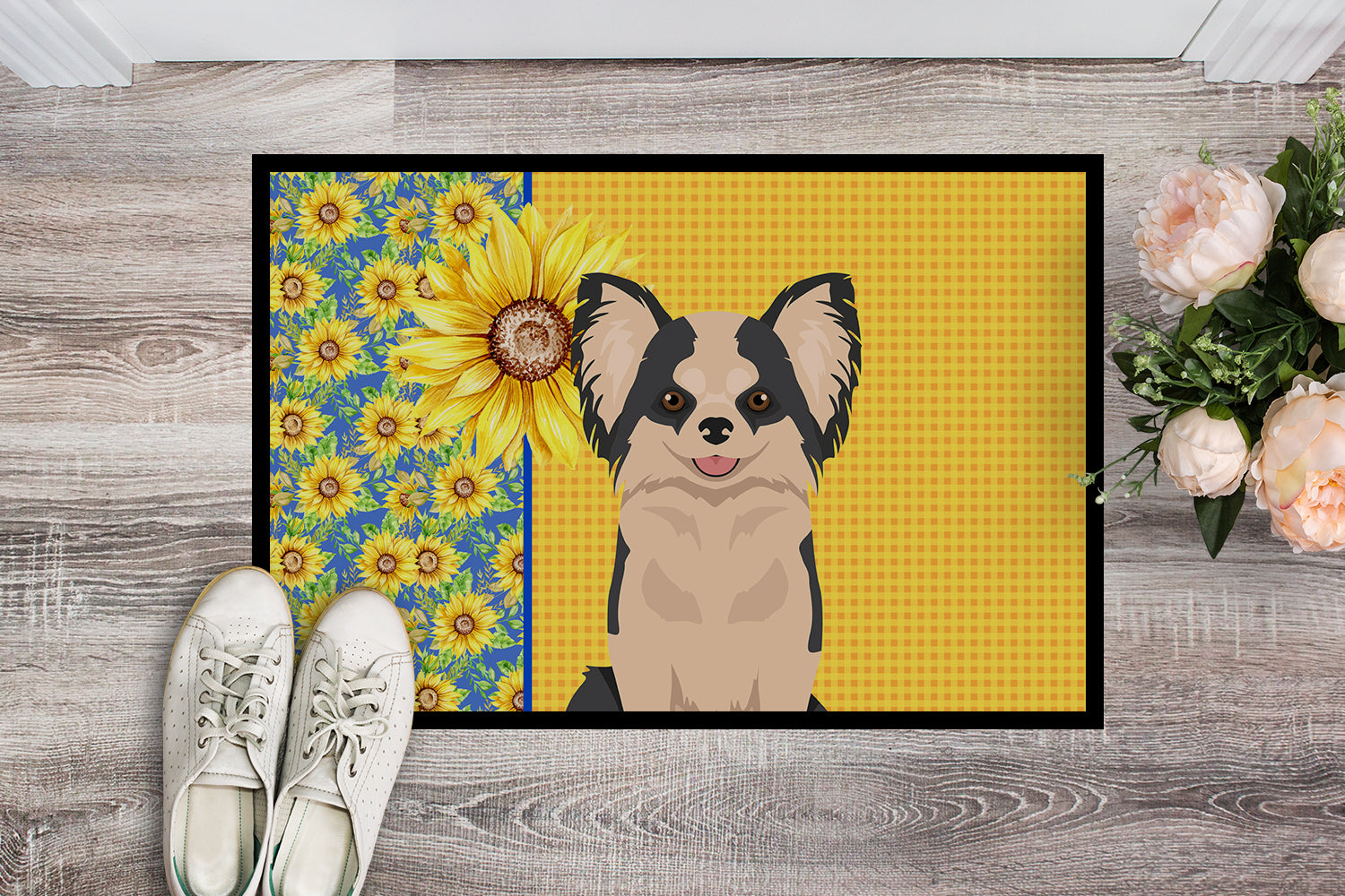 Buy this Summer Sunflowers Longhaired Black and White #2 Chihuahua Indoor or Outdoor Mat 24x36