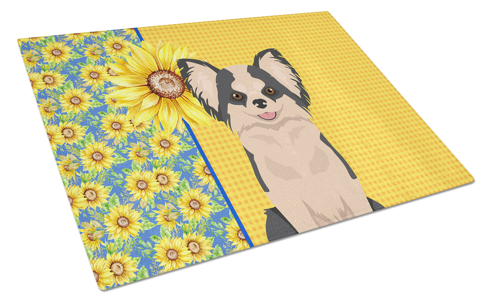Buy this Summer Sunflowers Longhaired Black and White #2 Chihuahua Glass Cutting Board Large
