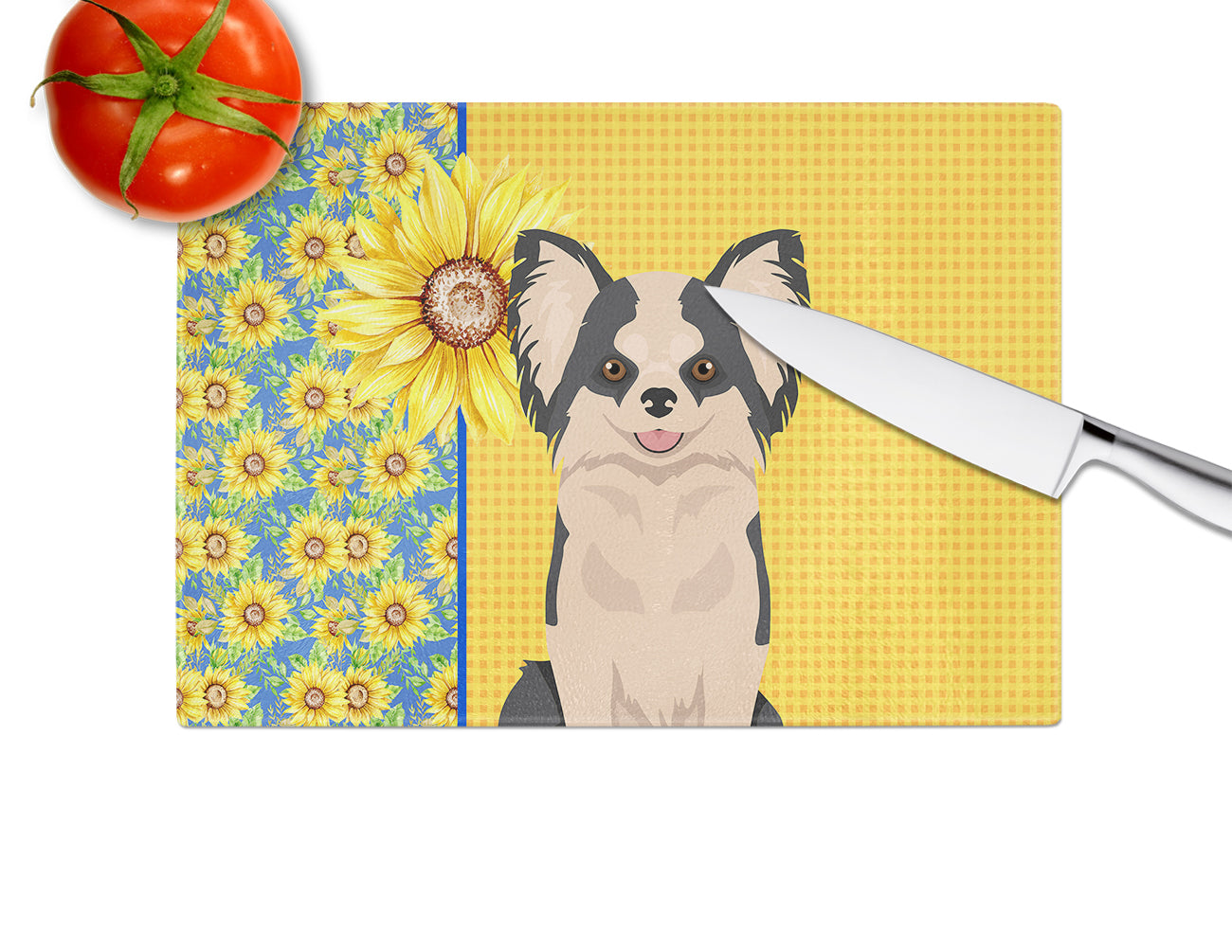 Summer Sunflowers Longhaired Black and White #2 Chihuahua Glass Cutting Board Large - the-store.com