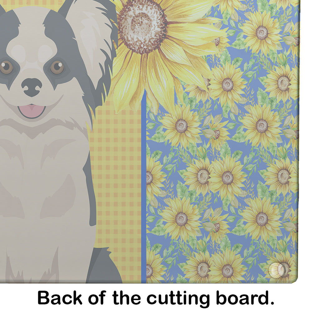 Summer Sunflowers Longhaired Black and White #2 Chihuahua Glass Cutting Board Large - the-store.com