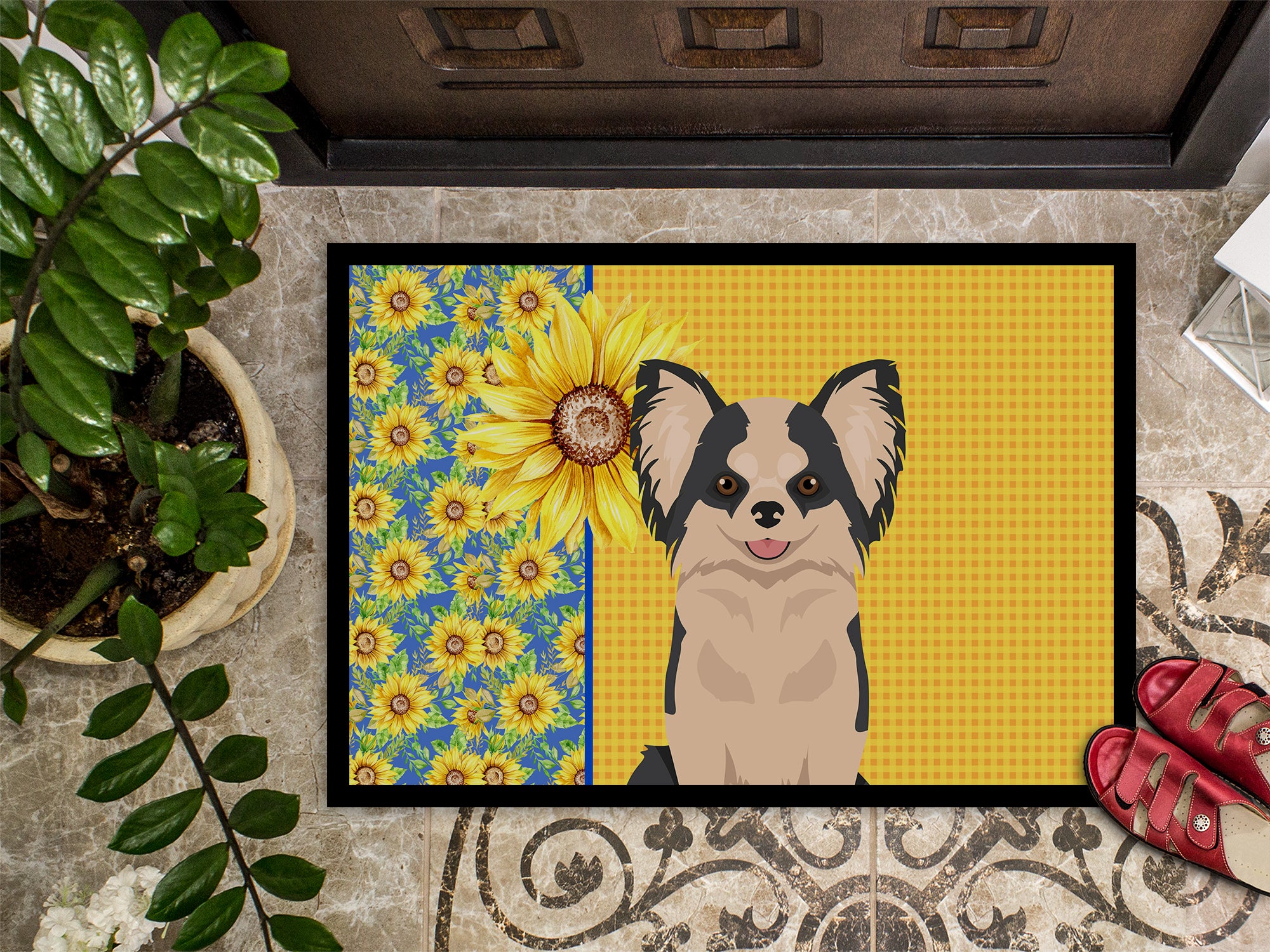 Summer Sunflowers Longhaired Black and White #2 Chihuahua Indoor or Outdoor Mat 18x27 - the-store.com