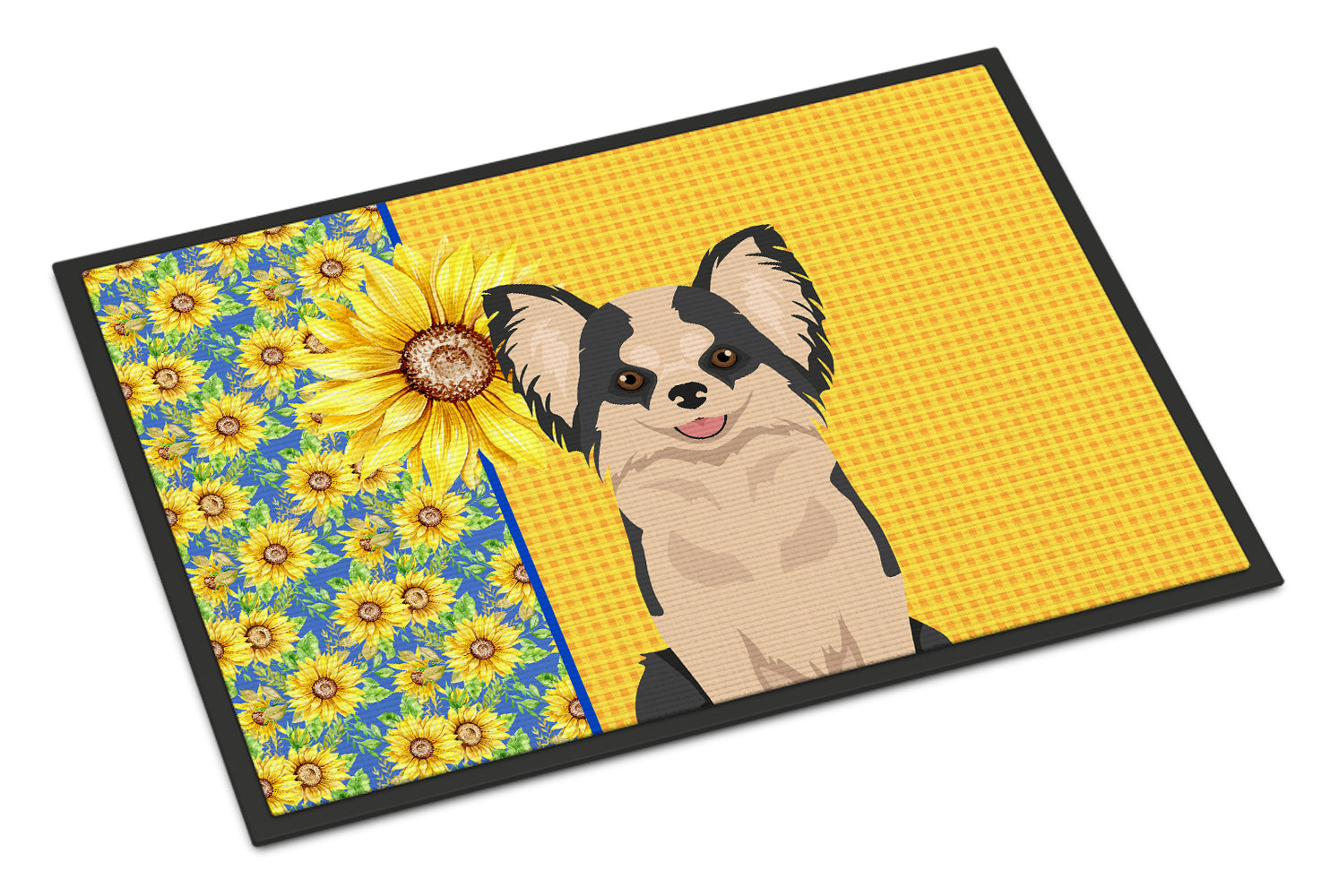 Buy this Summer Sunflowers Longhaired Black and White #2 Chihuahua Indoor or Outdoor Mat 18x27