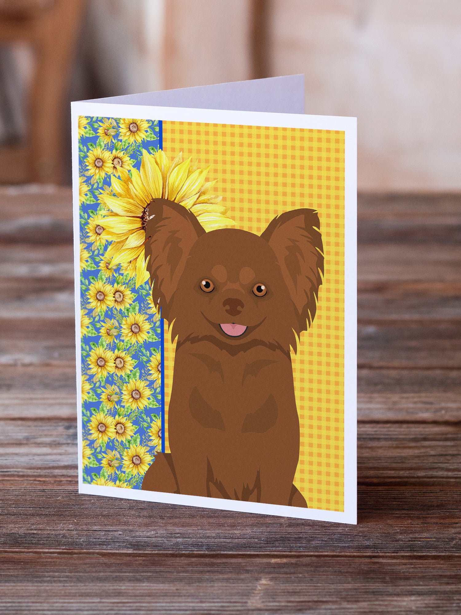 Summer Sunflowers Longhaired Chocolate Chihuahua Greeting Cards and Envelopes Pack of 8 - the-store.com