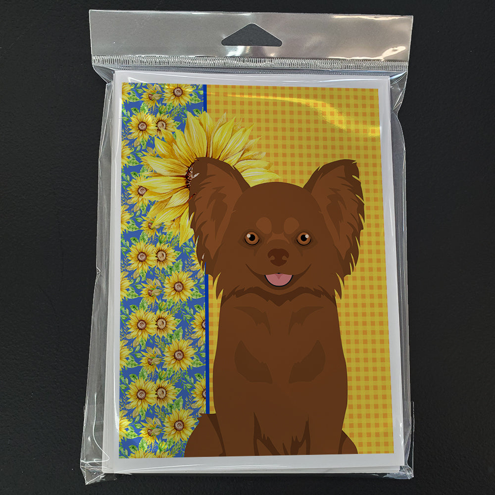 Summer Sunflowers Longhaired Chocolate Chihuahua Greeting Cards and Envelopes Pack of 8 - the-store.com