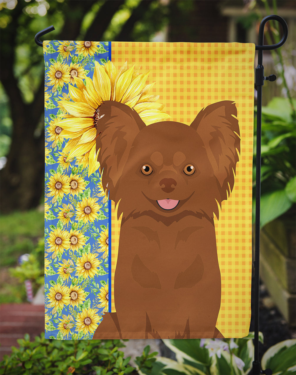 Summer Sunflowers Longhaired Chocolate Chihuahua Flag Garden Size  the-store.com.