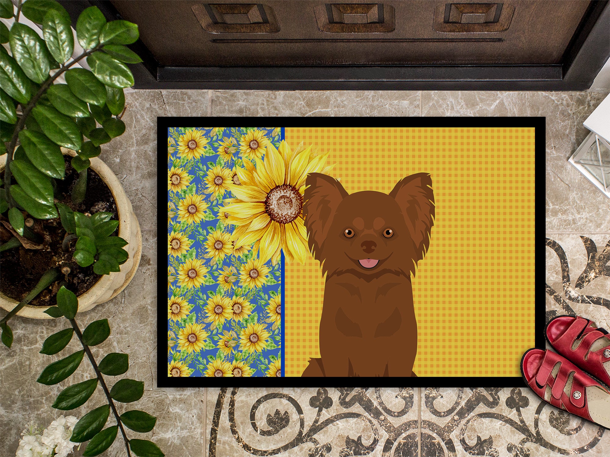 Summer Sunflowers Longhaired Chocolate Chihuahua Indoor or Outdoor Mat 24x36 - the-store.com