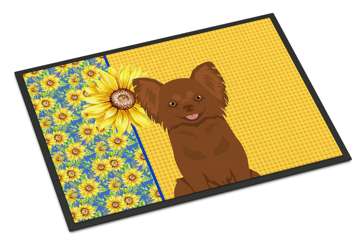 Buy this Summer Sunflowers Longhaired Chocolate Chihuahua Indoor or Outdoor Mat 24x36