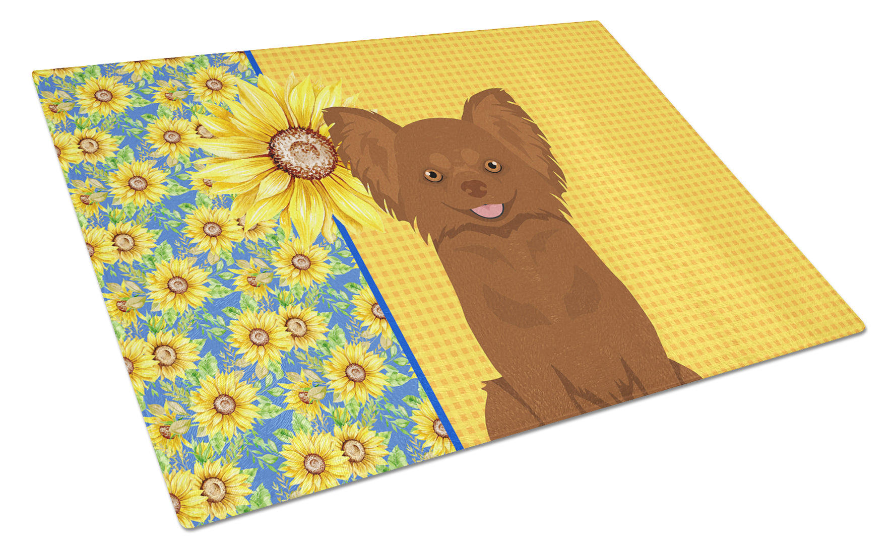 Buy this Summer Sunflowers Longhaired Chocolate Chihuahua Glass Cutting Board Large