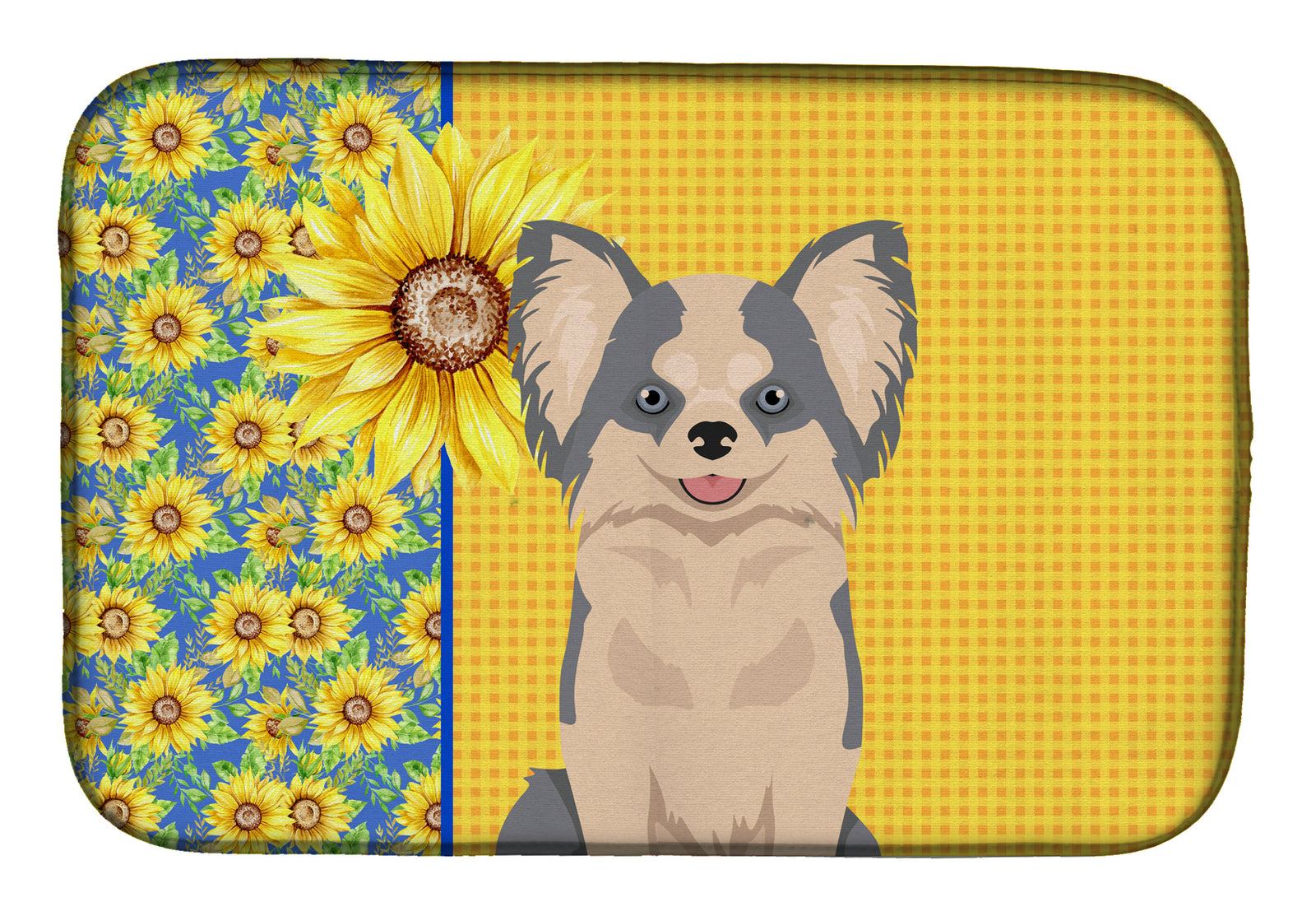 Summer Sunflowers Longhaired Blue and White Chihuahua Dish Drying Mat