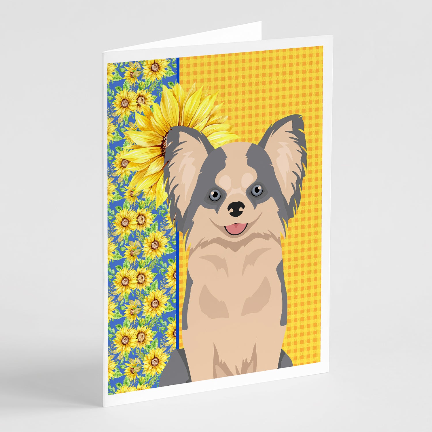 Buy this Summer Sunflowers Longhaired Blue and White Chihuahua Greeting Cards and Envelopes Pack of 8