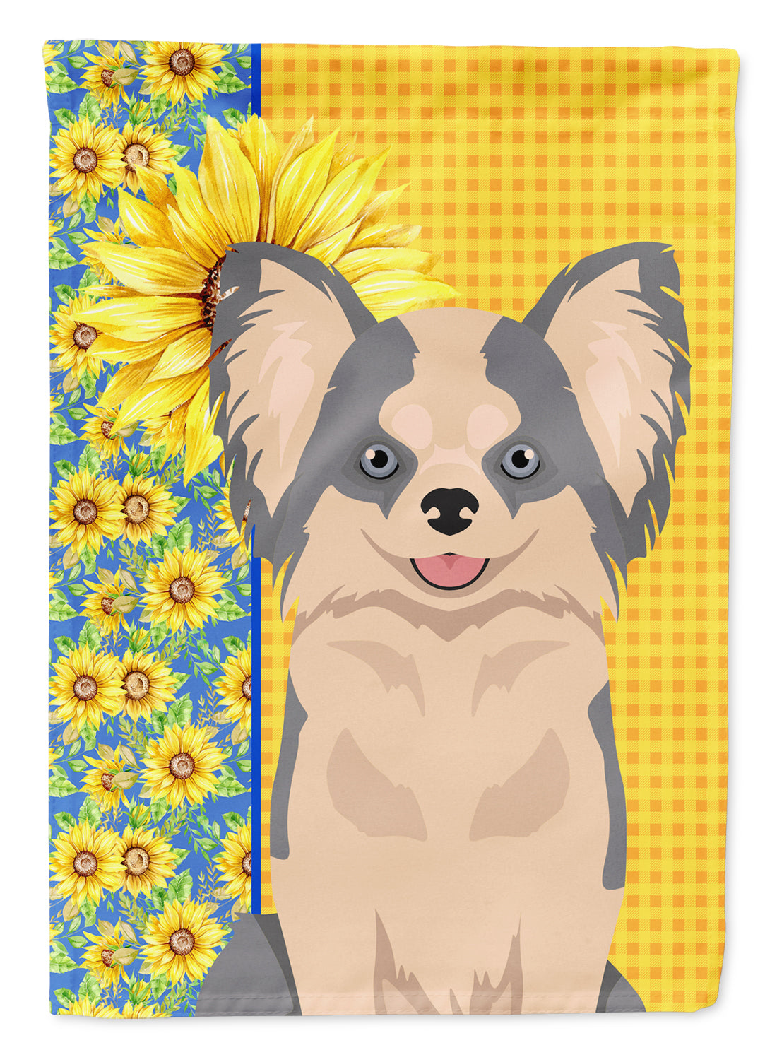 Summer Sunflowers Longhaired Blue and White Chihuahua Flag Garden Size