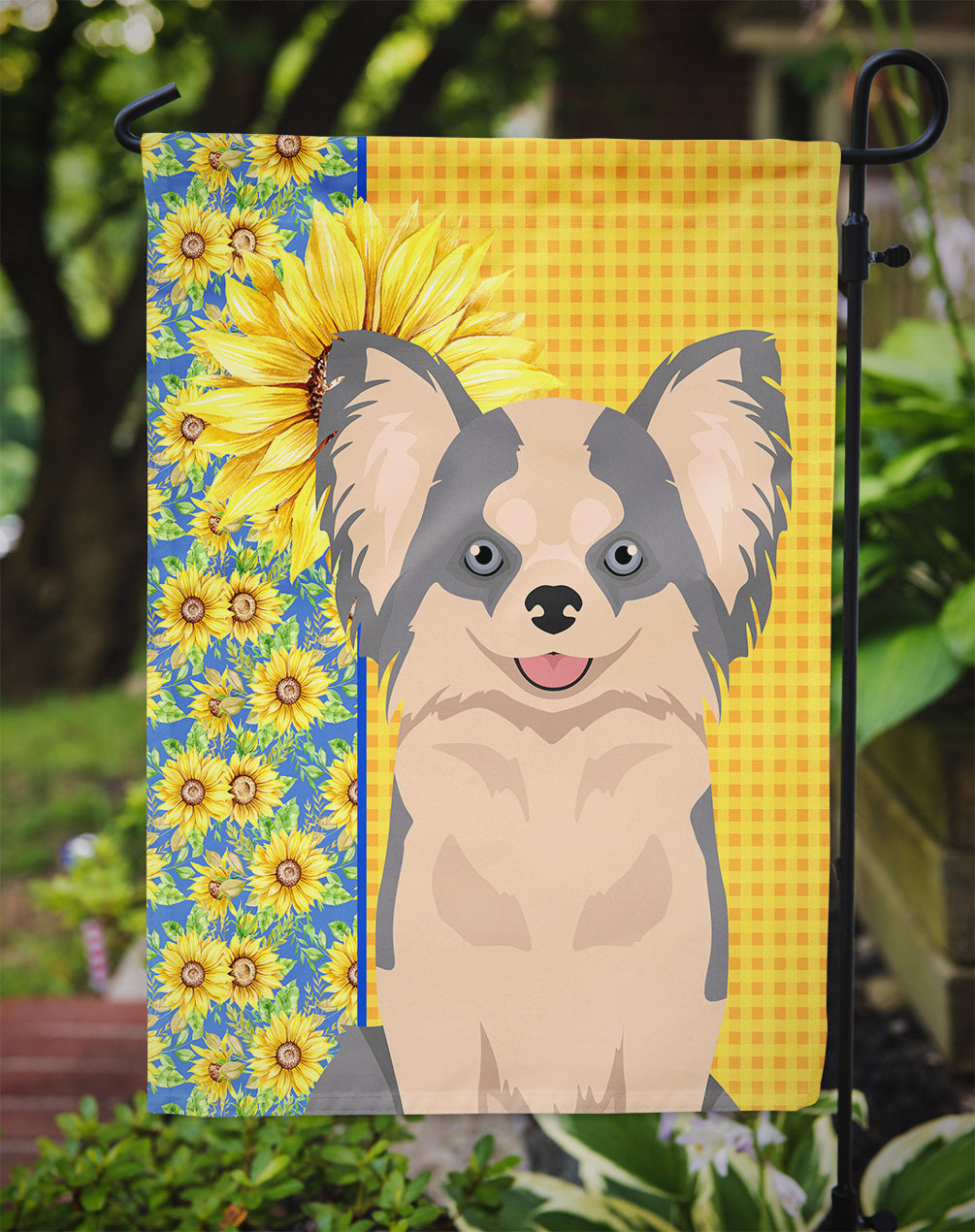 Summer Sunflowers Longhaired Blue and White Chihuahua Flag Garden Size