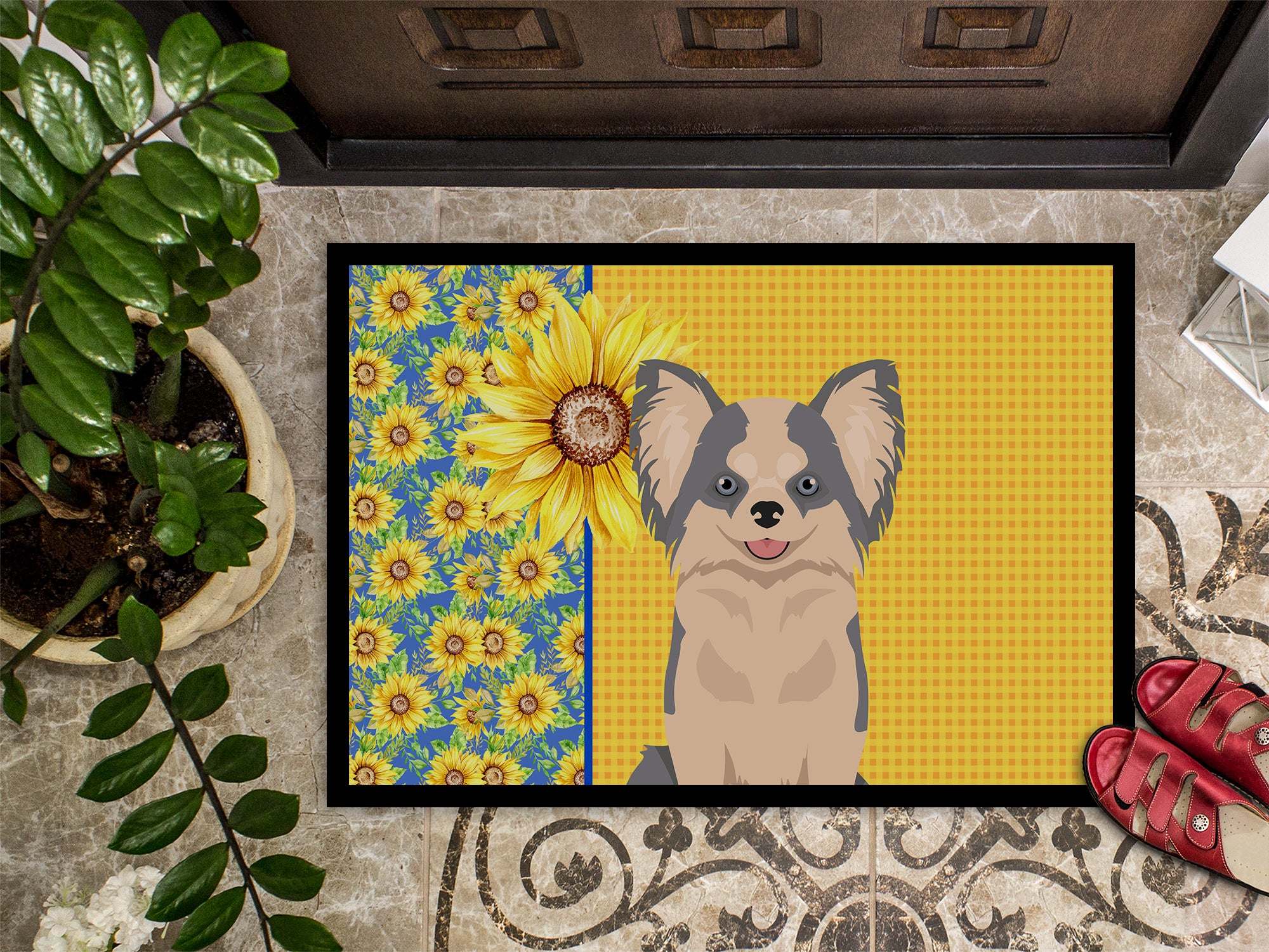Summer Sunflowers Longhaired Blue and White Chihuahua Indoor or Outdoor Mat 24x36 - the-store.com