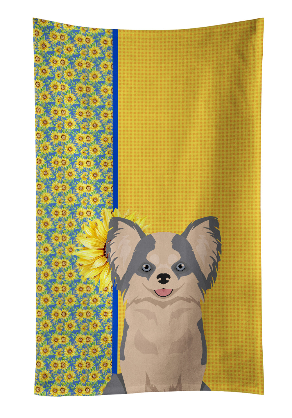 Buy this Summer Sunflowers Longhaired Blue and White Chihuahua Kitchen Towel