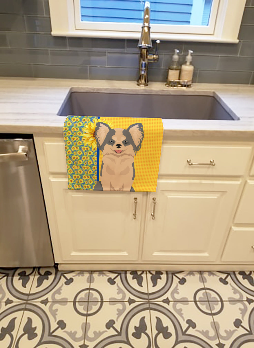Summer Sunflowers Longhaired Blue and White Chihuahua Kitchen Towel - the-store.com