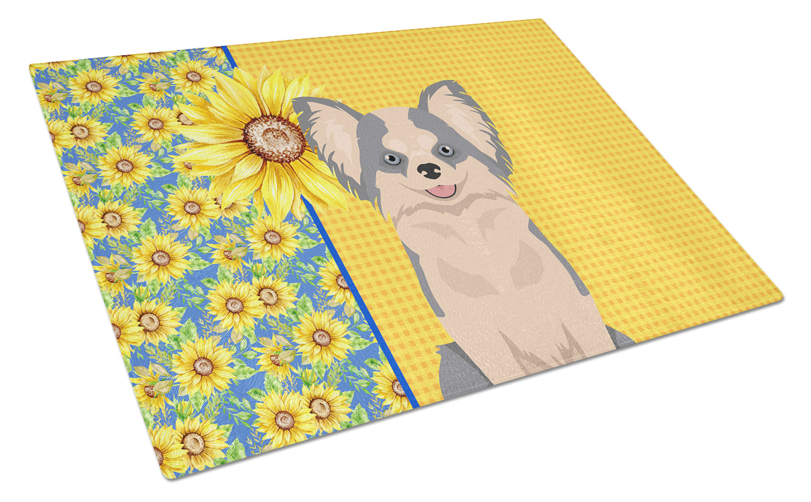 Buy this Summer Sunflowers Longhaired Blue and White Chihuahua Glass Cutting Board Large