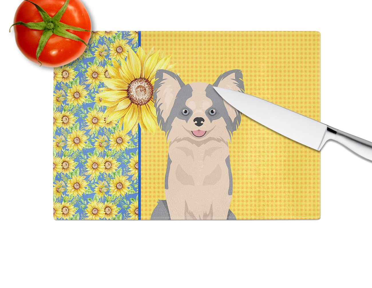Summer Sunflowers Longhaired Blue and White Chihuahua Glass Cutting Board Large - the-store.com
