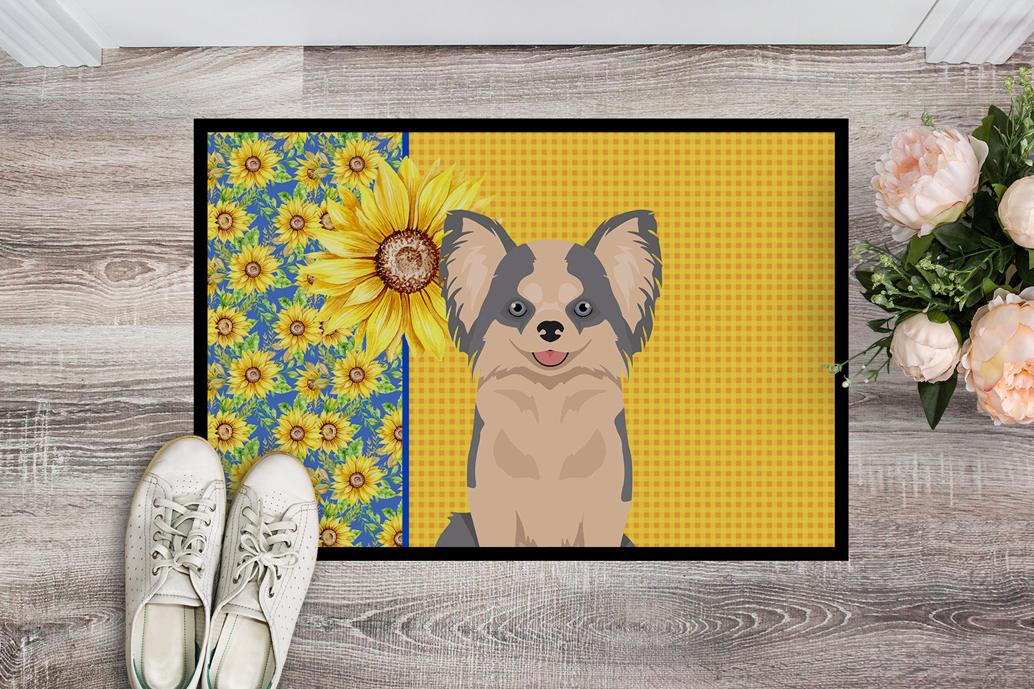 Buy this Summer Sunflowers Longhaired Blue and White Chihuahua Indoor or Outdoor Mat 18x27