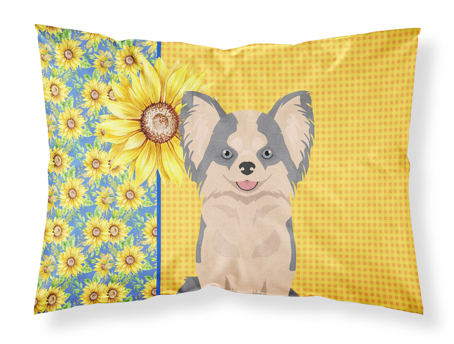 Buy this Summer Sunflowers Longhaired Blue and White Chihuahua Fabric Standard Pillowcase