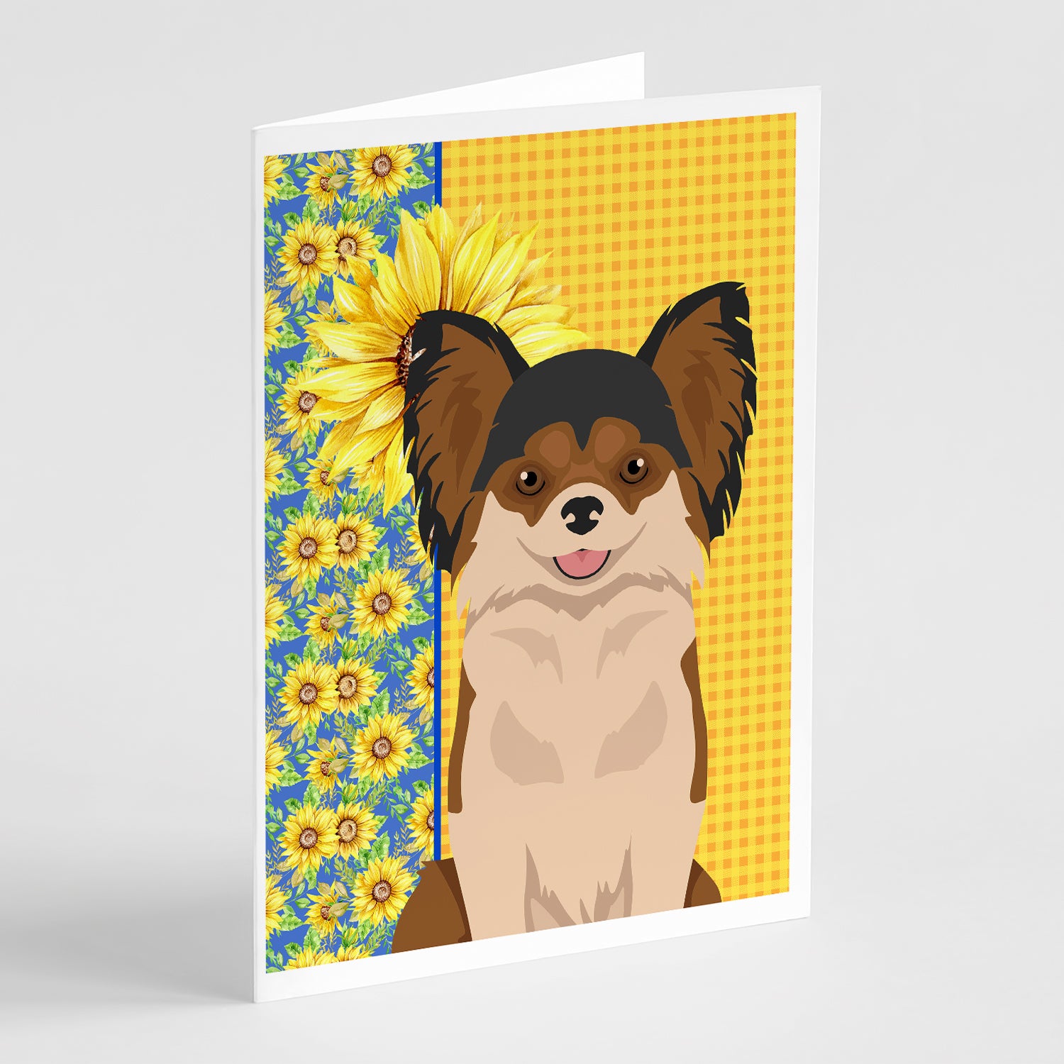 Buy this Summer Sunflowers Longhaired Black and Red Chihuahua Greeting Cards and Envelopes Pack of 8