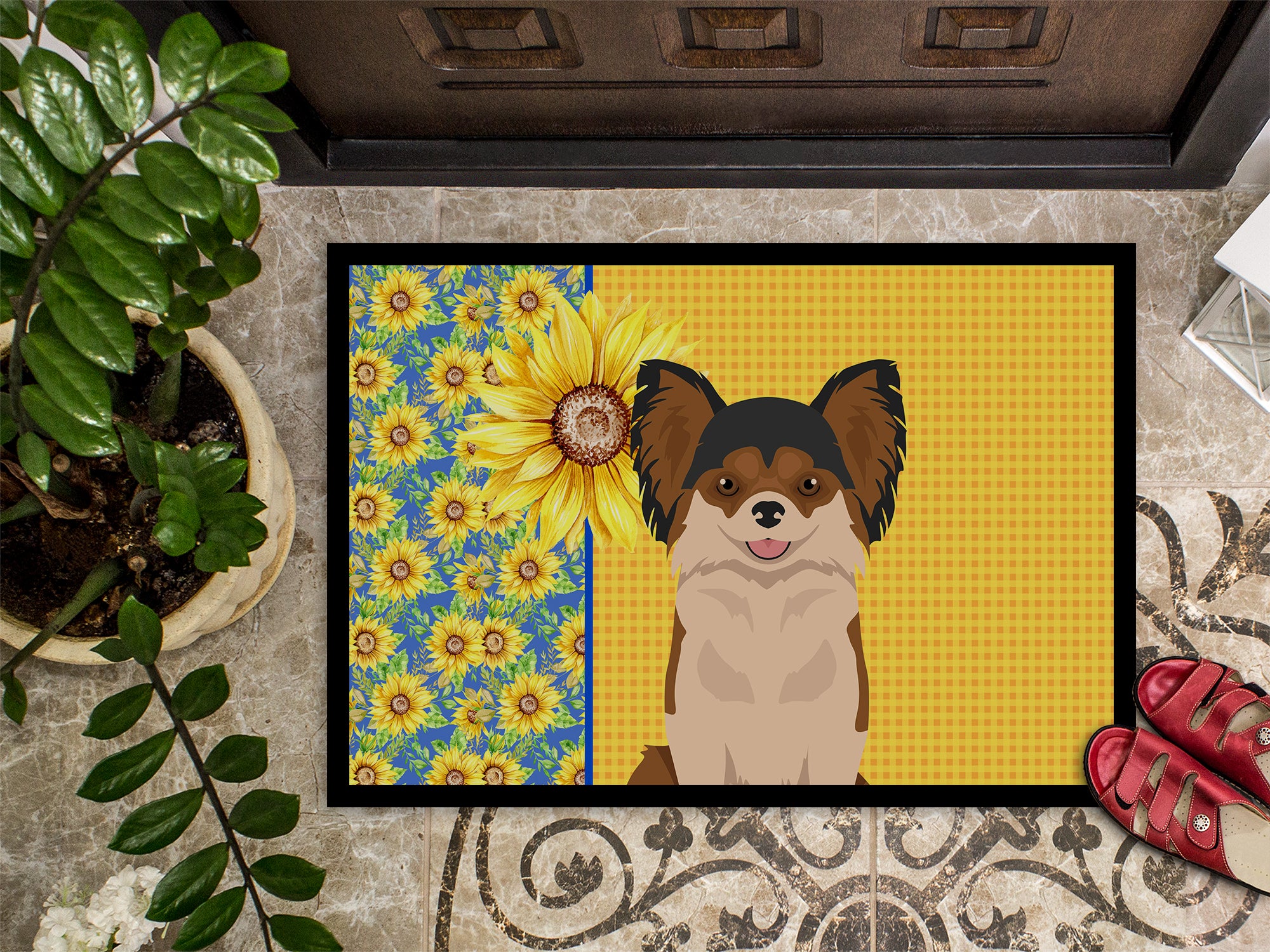 Summer Sunflowers Longhaired Black and Red Chihuahua Indoor or Outdoor Mat 24x36 - the-store.com