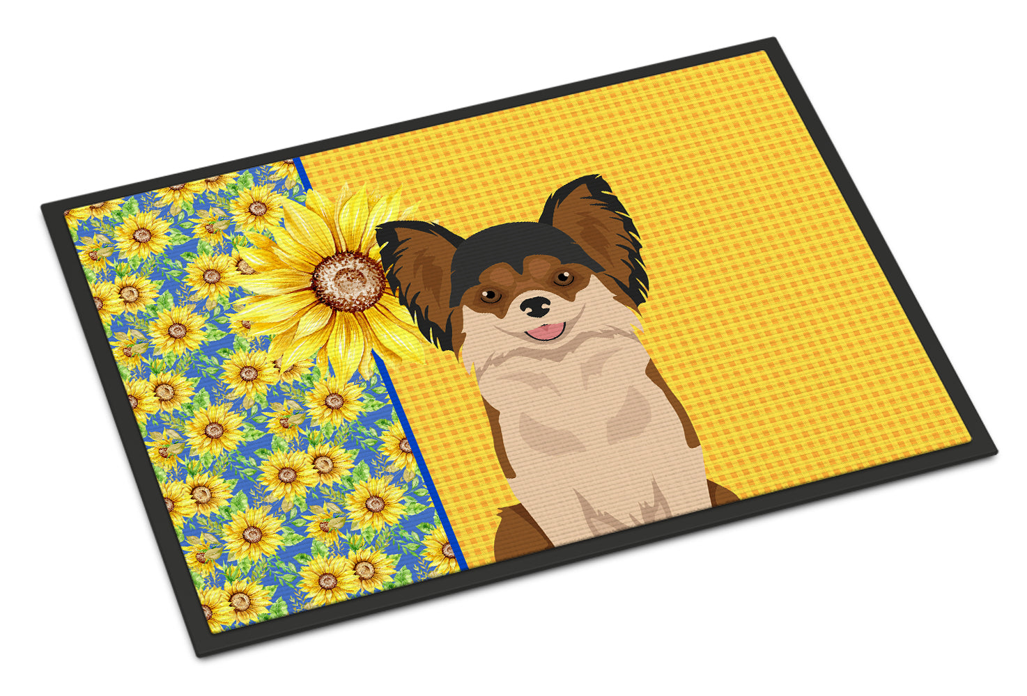 Buy this Summer Sunflowers Longhaired Black and Red Chihuahua Indoor or Outdoor Mat 24x36