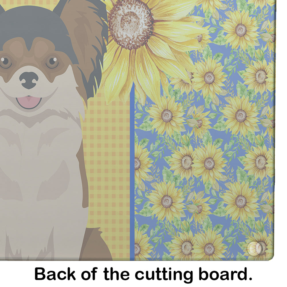 Summer Sunflowers Longhaired Black and Red Chihuahua Glass Cutting Board Large - the-store.com