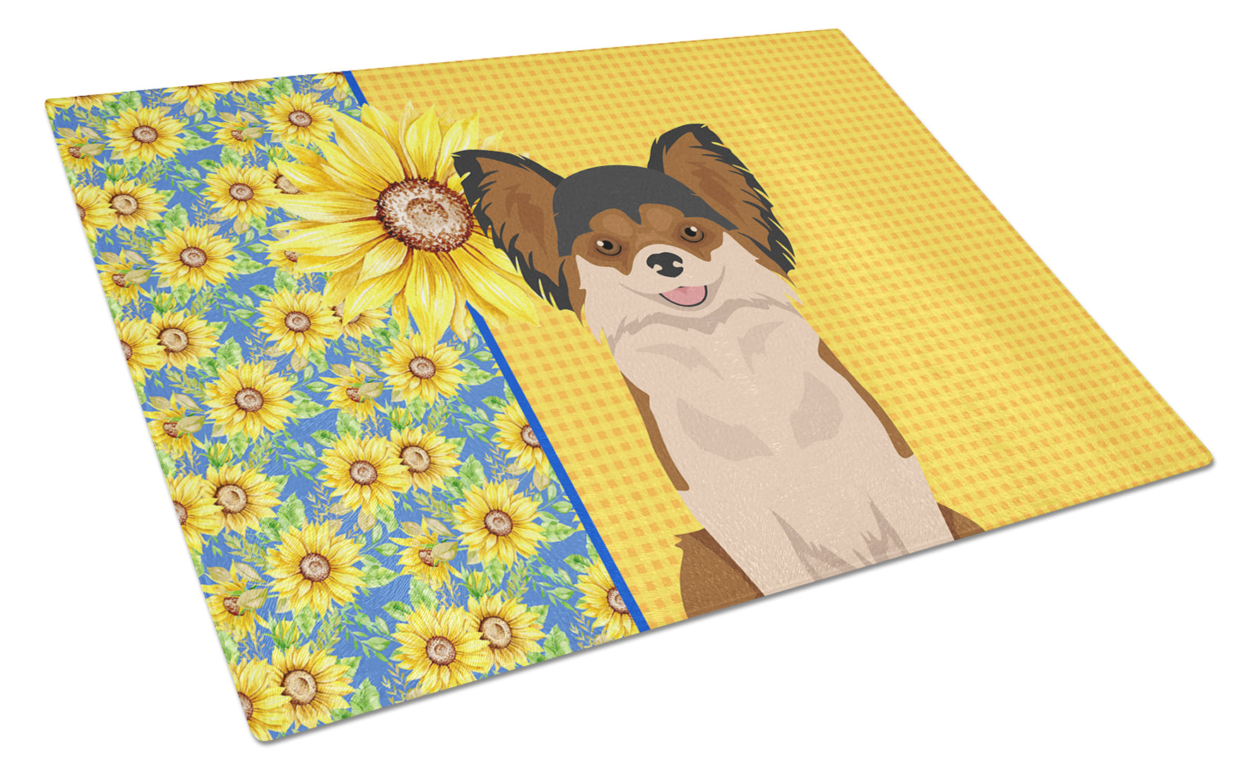 Buy this Summer Sunflowers Longhaired Black and Red Chihuahua Glass Cutting Board Large