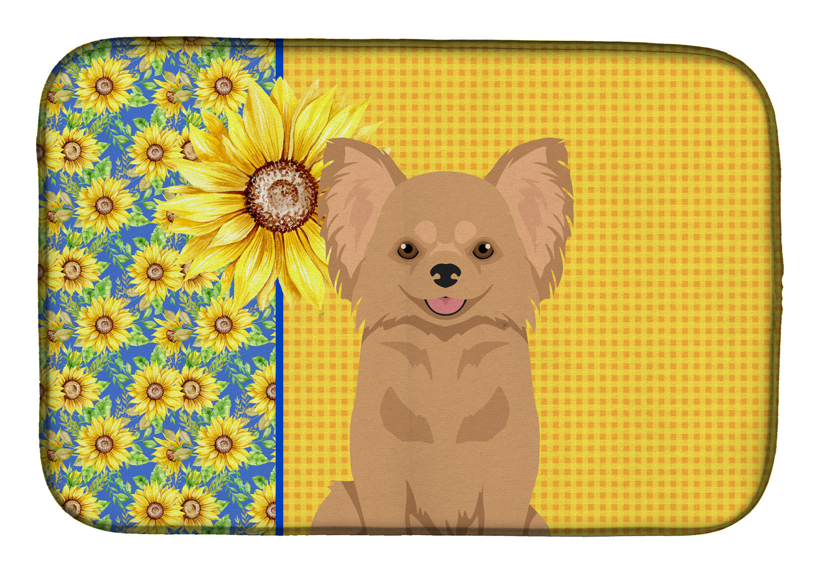 Summer Sunflowers Longhaired Gold Chihuahua Dish Drying Mat