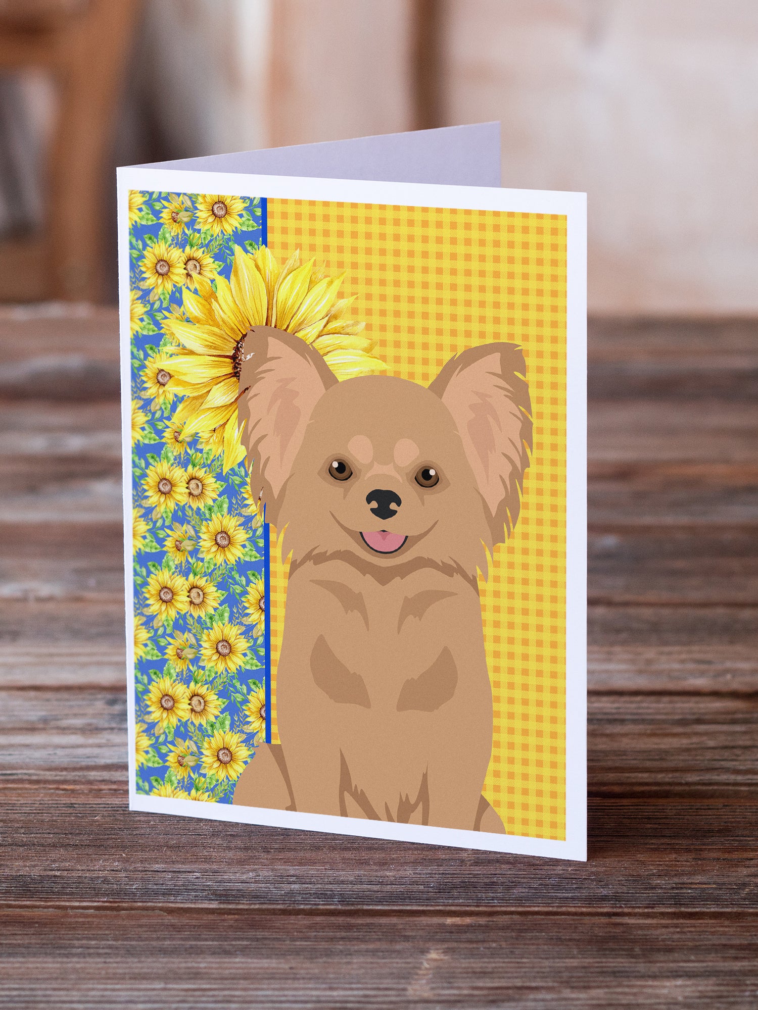 Buy this Summer Sunflowers Longhaired Gold Chihuahua Greeting Cards and Envelopes Pack of 8