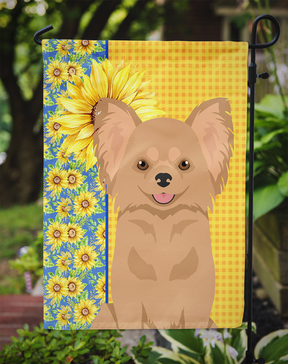 Summer Sunflowers Longhaired Gold Chihuahua Flag Garden Size  the-store.com.