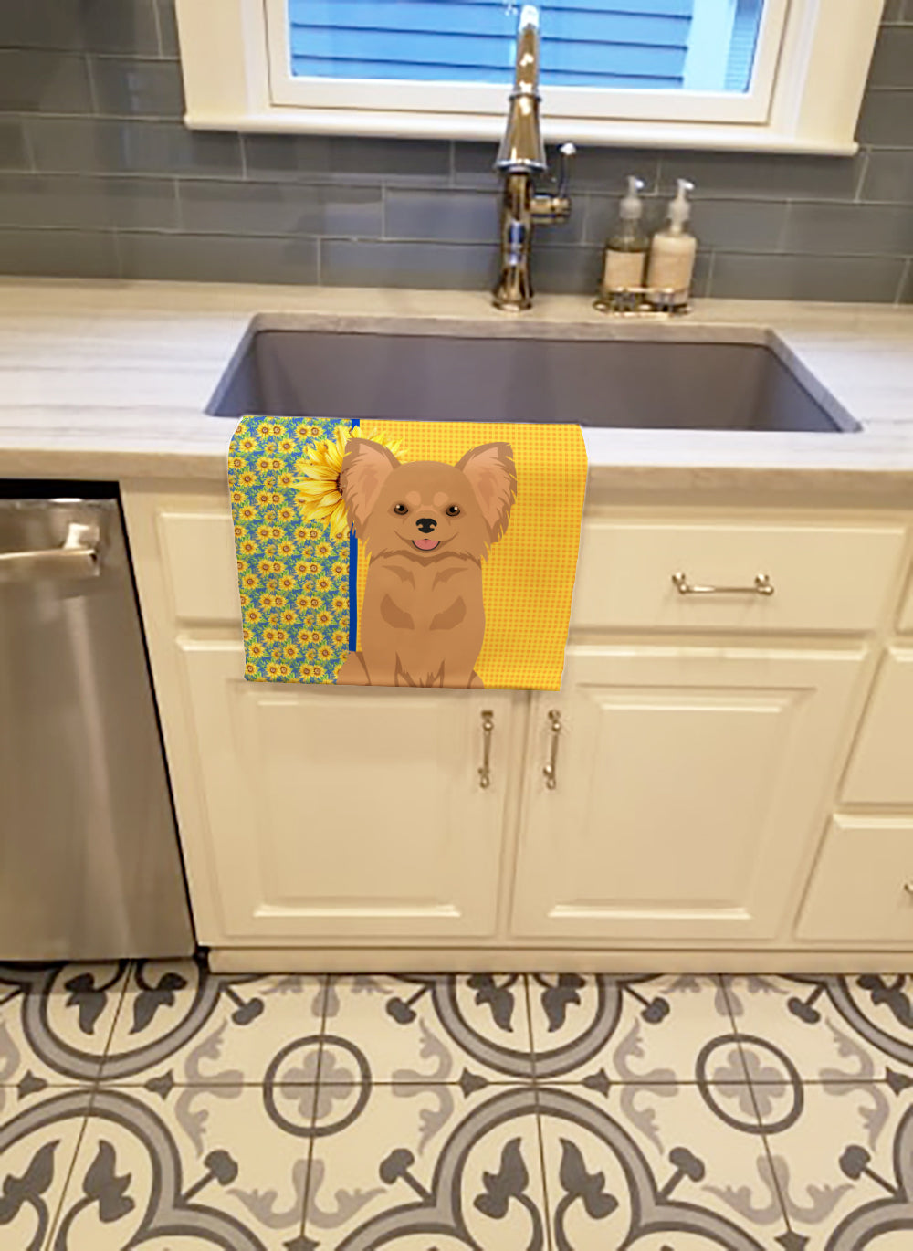 Summer Sunflowers Longhaired Gold Chihuahua Kitchen Towel - the-store.com