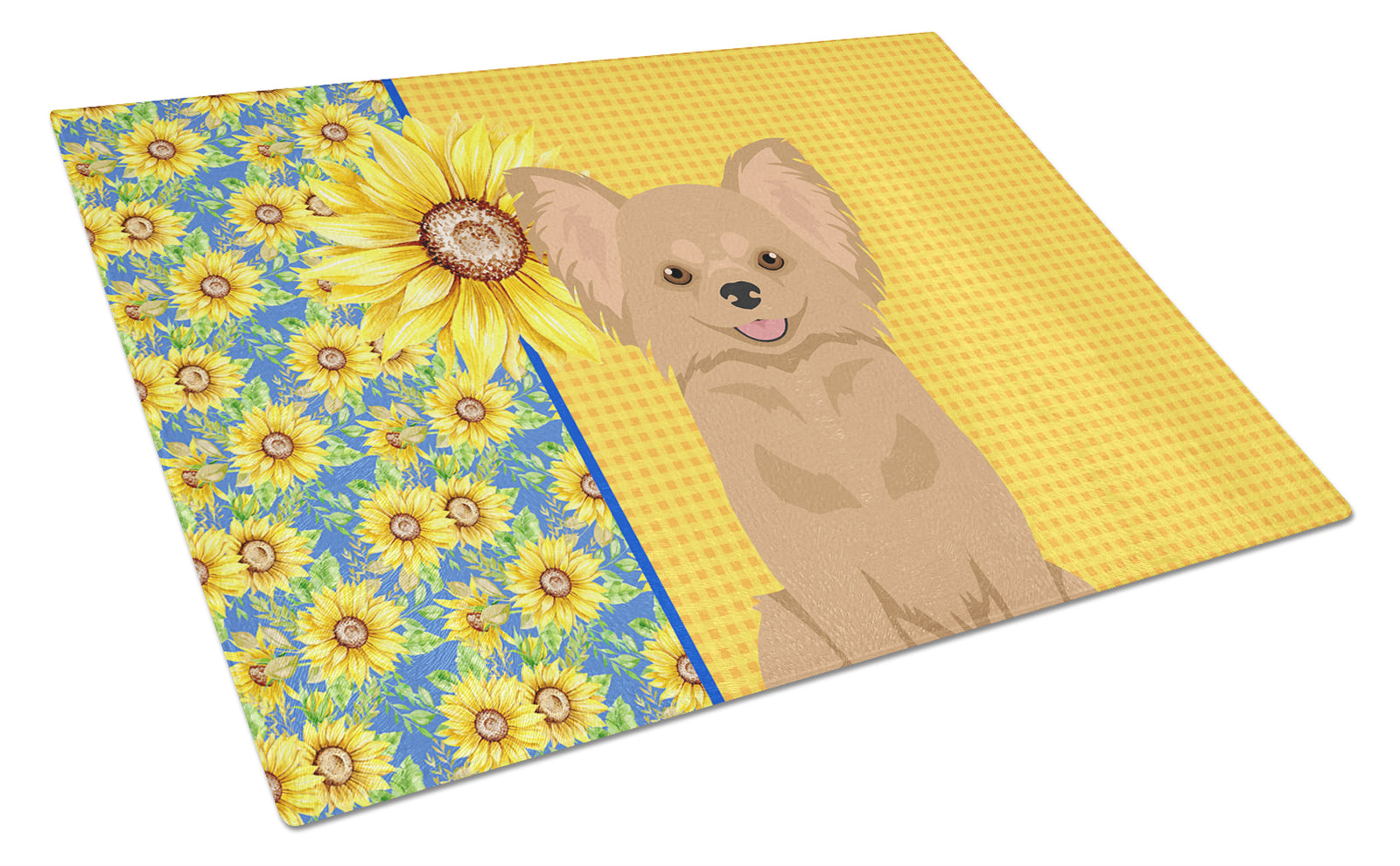 Buy this Summer Sunflowers Longhaired Gold Chihuahua Glass Cutting Board Large