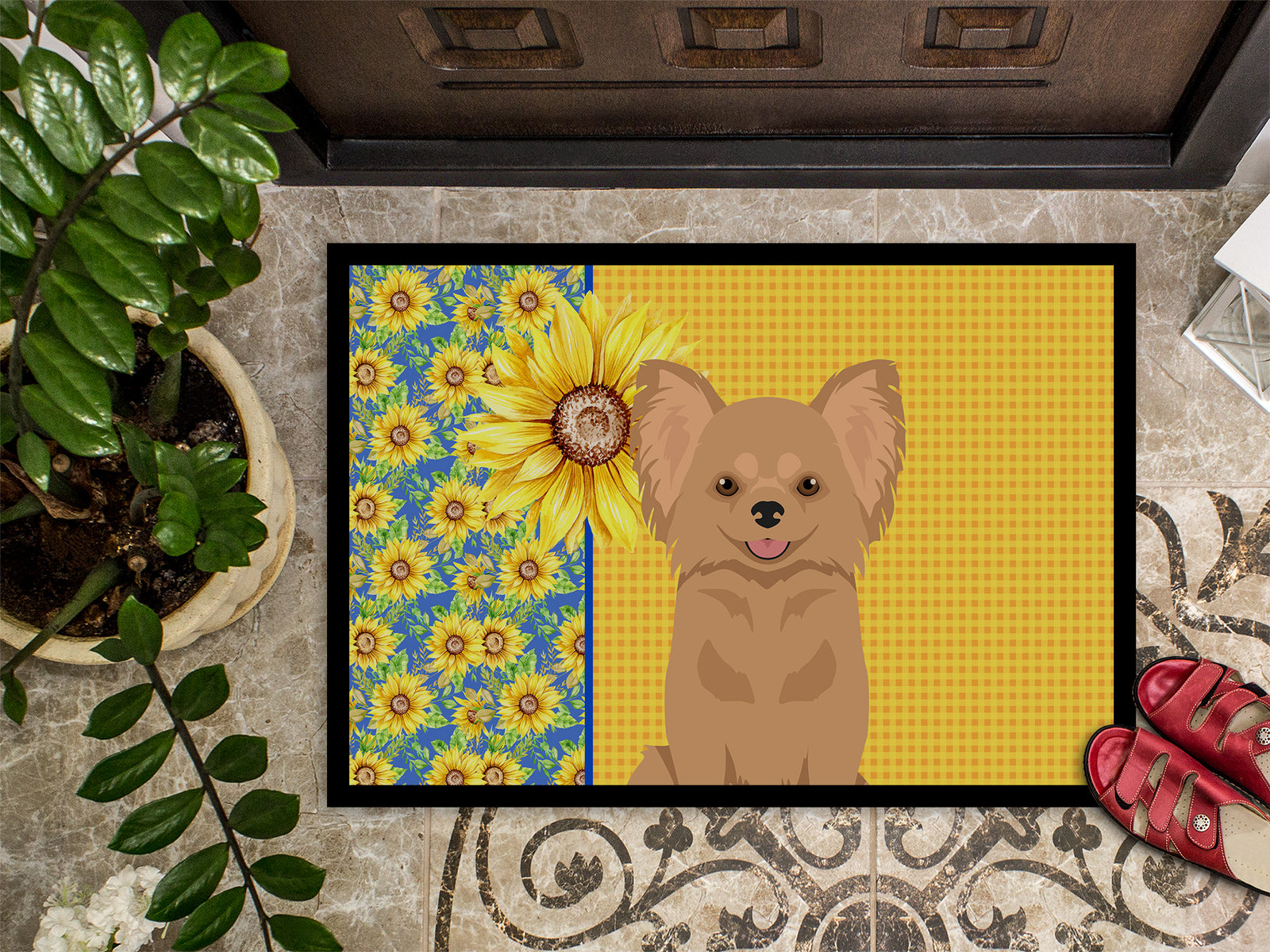 Caroline's Treasures Summer Sunflowers Longhaired Gold Chihuahua Doormat - 18x27 Decorative Floor Mat – Indoor/Outdoor Rug with Artistic Flair