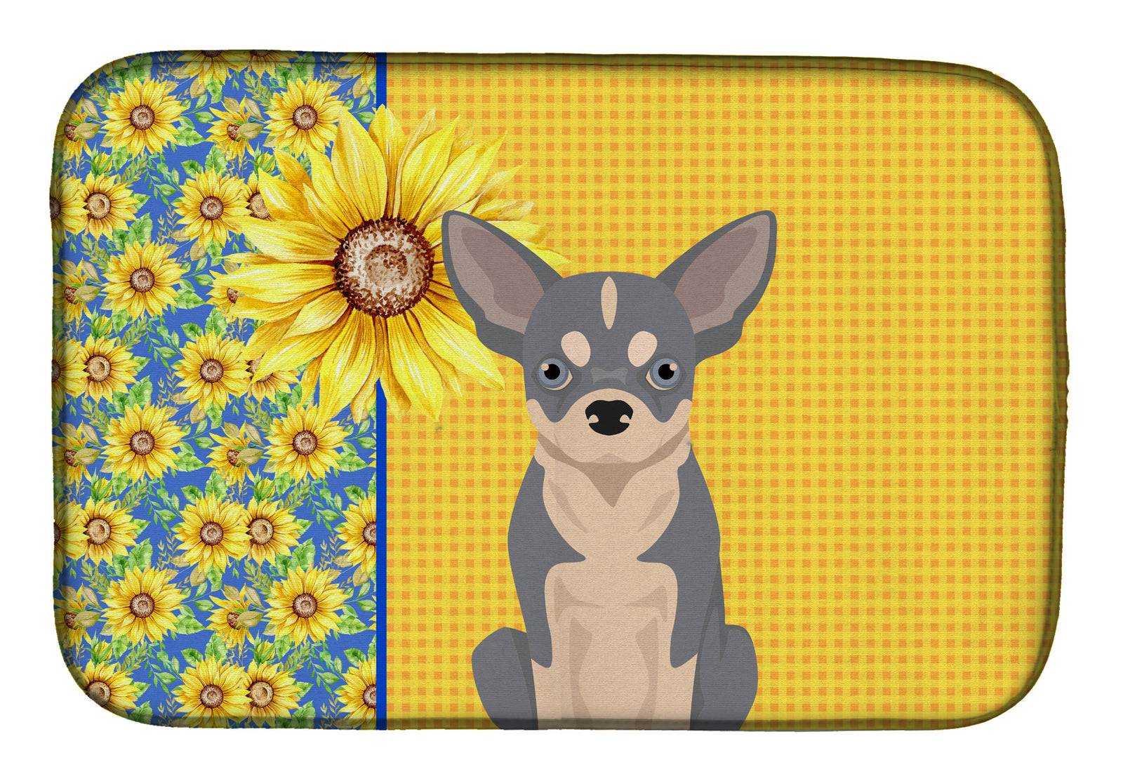 Summer Sunflowers Blue and White Chihuahua Dish Drying Mat  the-store.com.