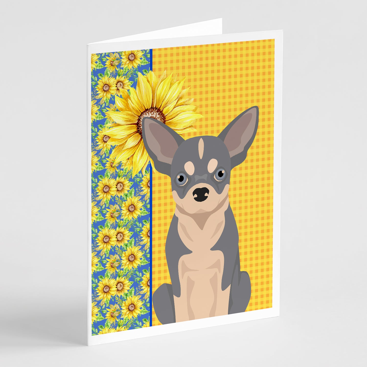 Buy this Summer Sunflowers Blue and White Chihuahua Greeting Cards and Envelopes Pack of 8