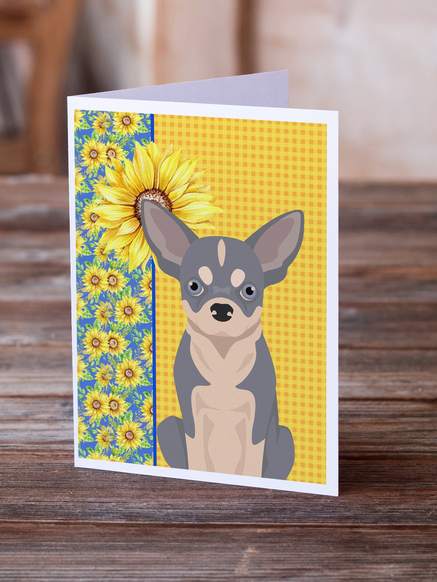 Buy this Summer Sunflowers Blue and White Chihuahua Greeting Cards and Envelopes Pack of 8