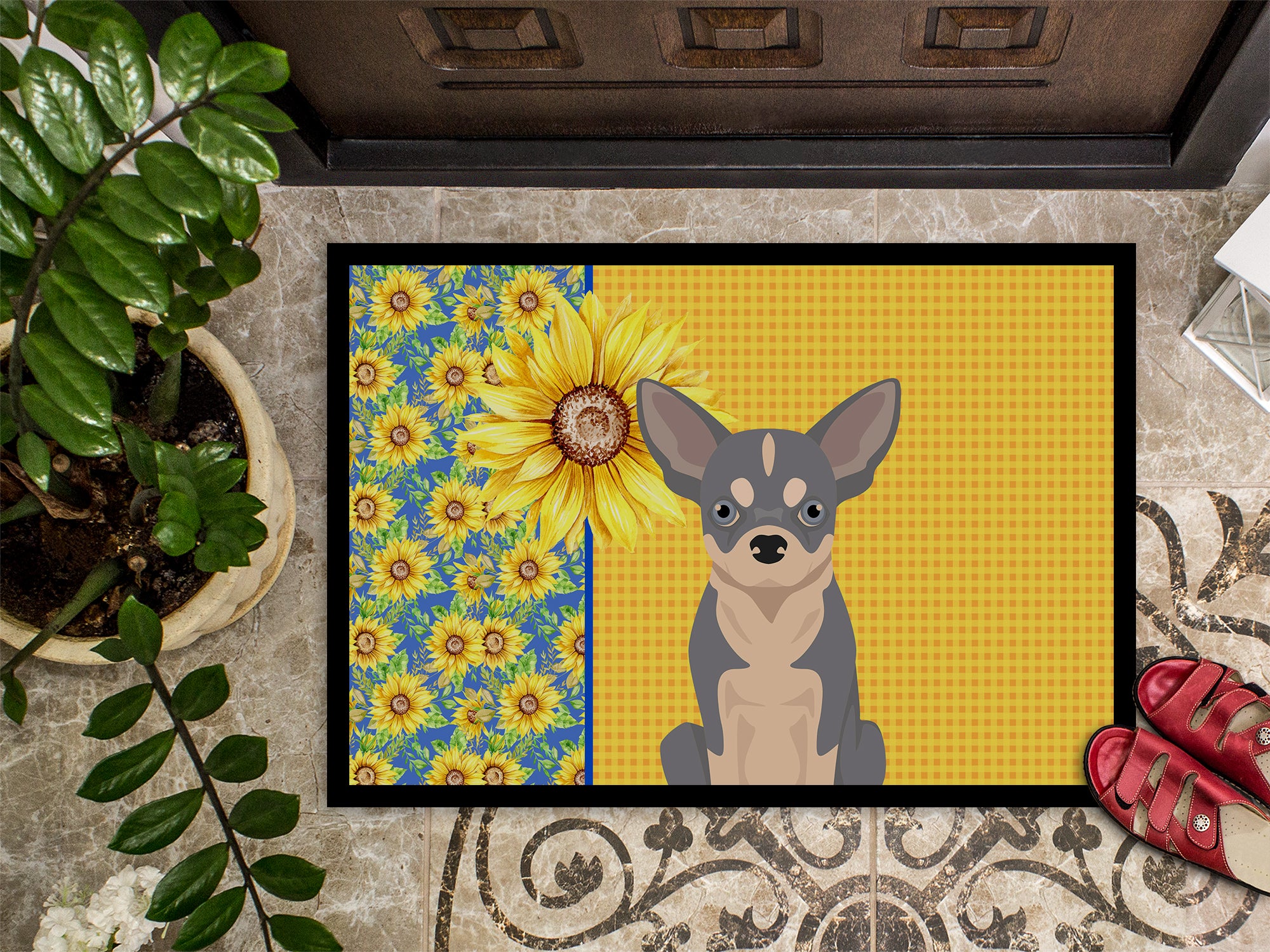 Summer Sunflowers Blue and White Chihuahua Indoor or Outdoor Mat 24x36 - the-store.com