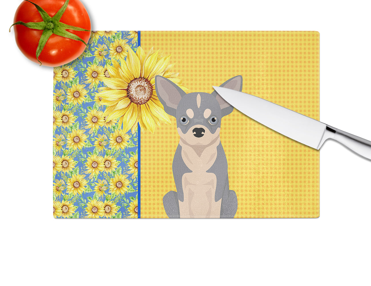 Summer Sunflowers Blue and White Chihuahua Glass Cutting Board Large - the-store.com