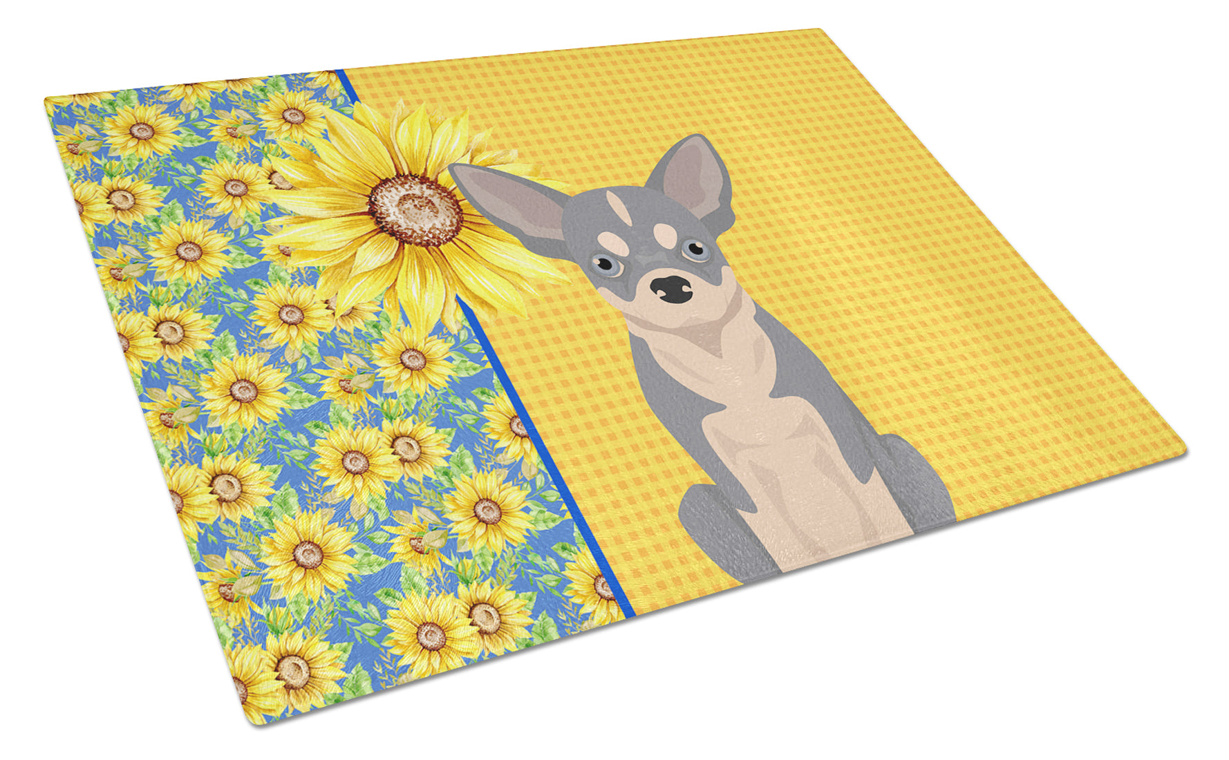Buy this Summer Sunflowers Blue and White Chihuahua Glass Cutting Board Large
