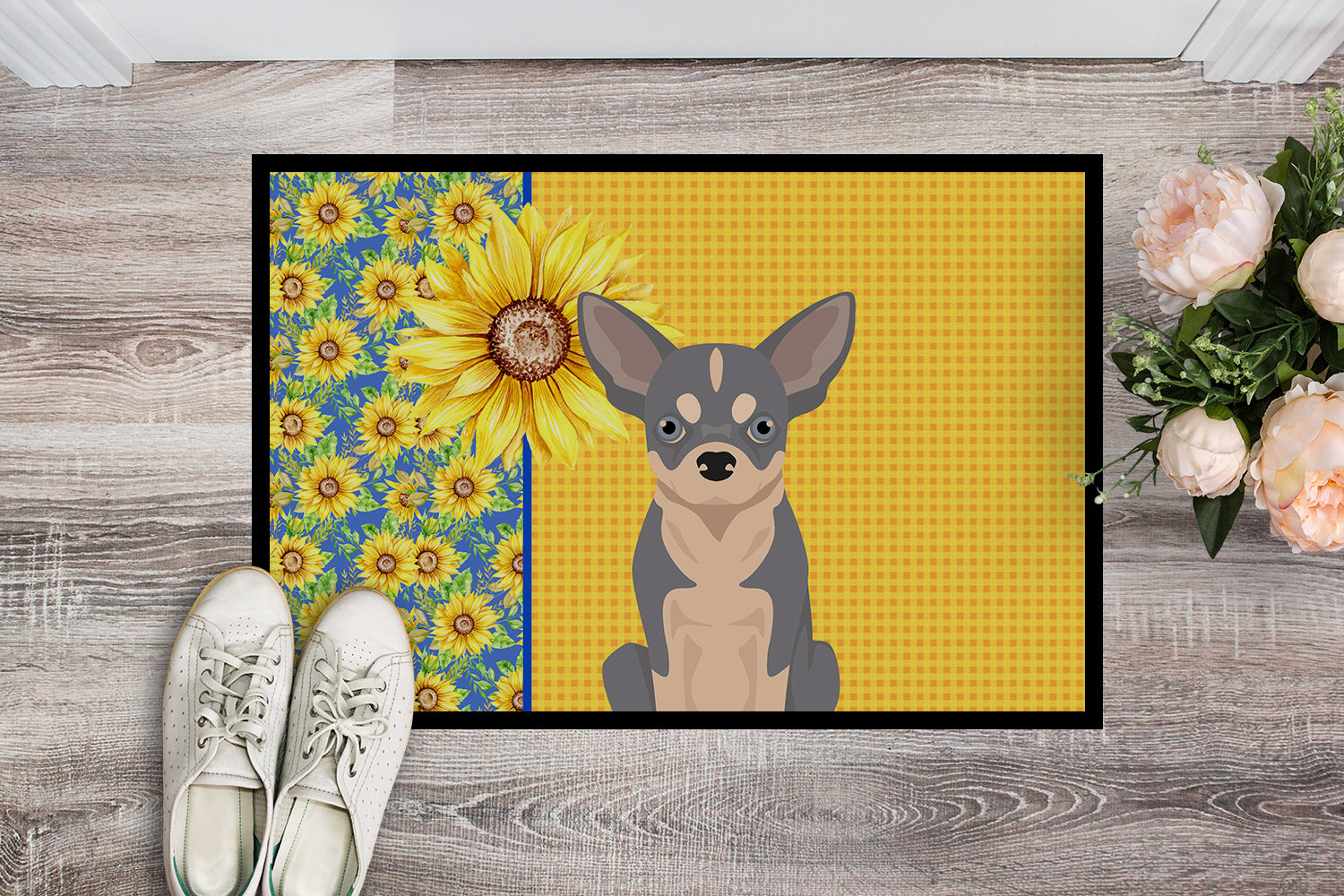 Summer Sunflowers Blue and White Chihuahua Indoor or Outdoor Mat 18x27 - the-store.com