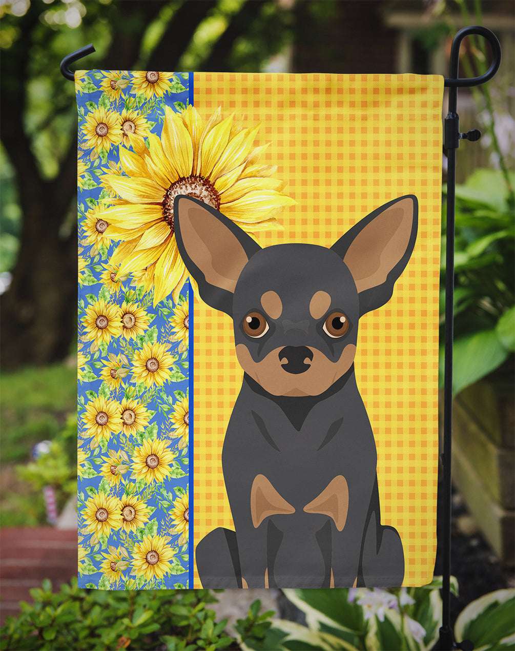 Summer Sunflowers Black and Tan Chihuahua Flag Garden Size  the-store.com.